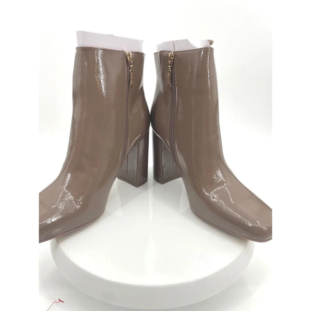 Michael‎ Kors Sterling Ankle Boots Womens 10 Taupe Patent Block Heel Square Toe